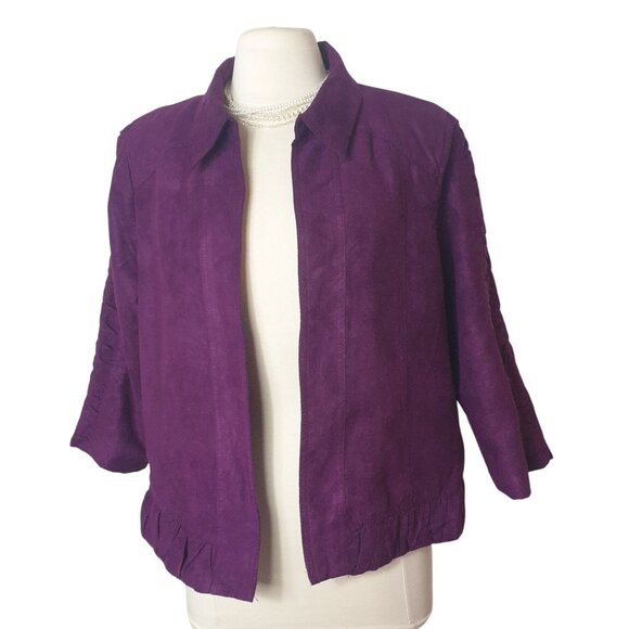Christopher Banks Womens Suede Jacket XL Purple 3/4 Slv Ruffle Luxe Elegant - Picture 1 of 6